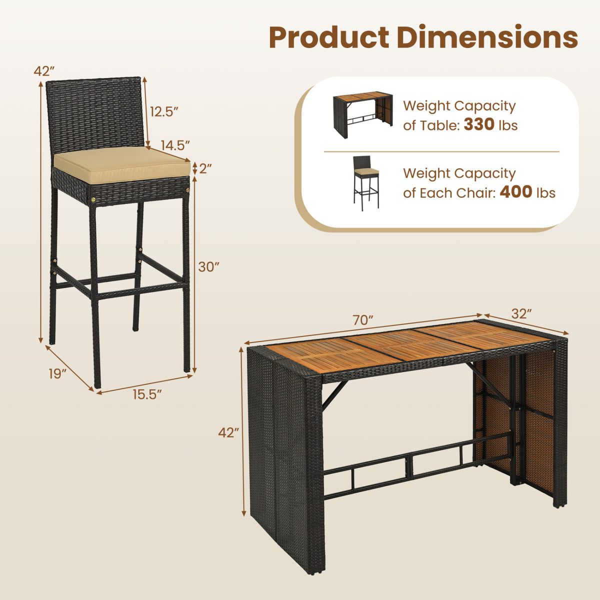 7-Piece Outdoor PE Wicker Bar Set with Height Table and 6 Cushioned