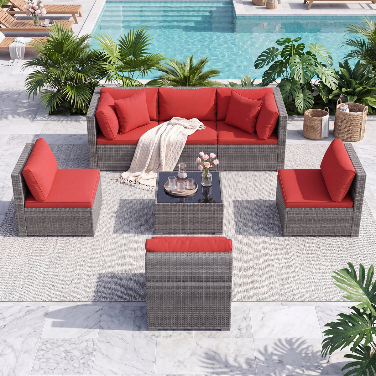 7-Piece PE Rattan Patio Set with Glass Table & Soft Cushions for
