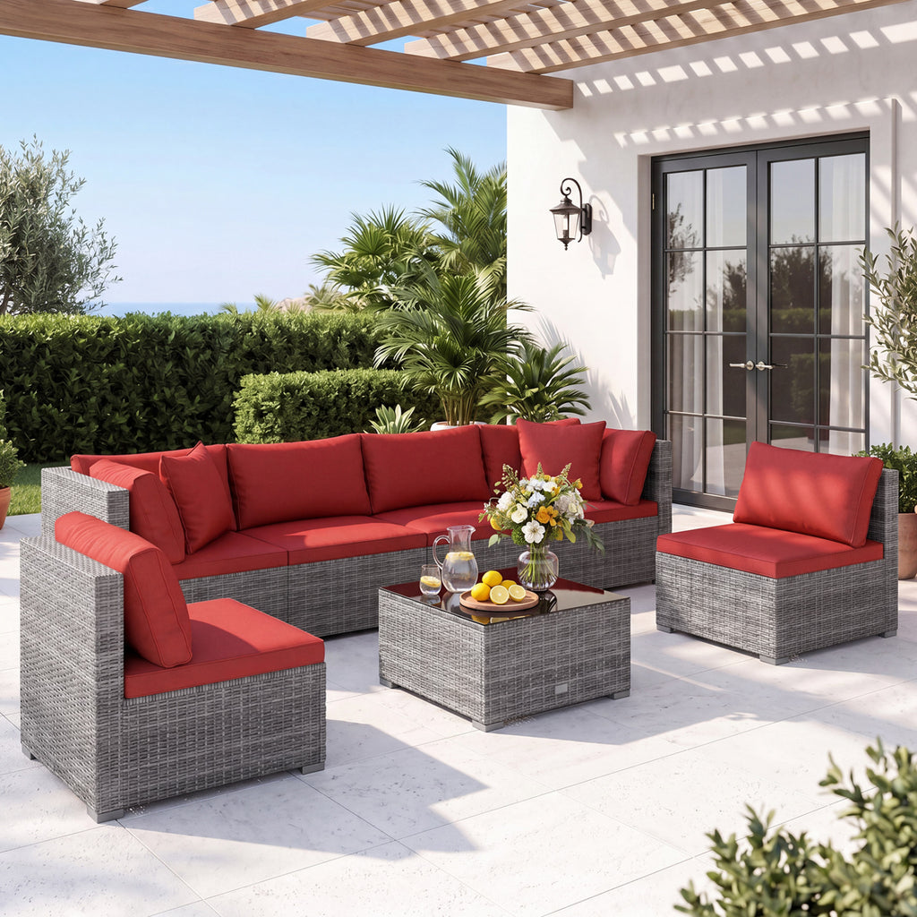 7-Piece PE Rattan Patio Set with Glass Table & Soft Cushions for