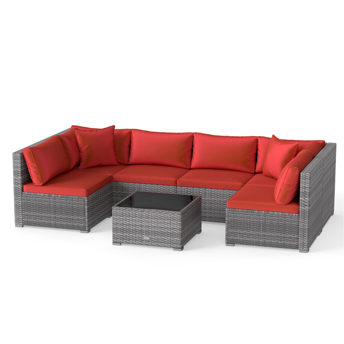 7-Piece PE Rattan Patio Set with Glass Table & Soft Cushions for