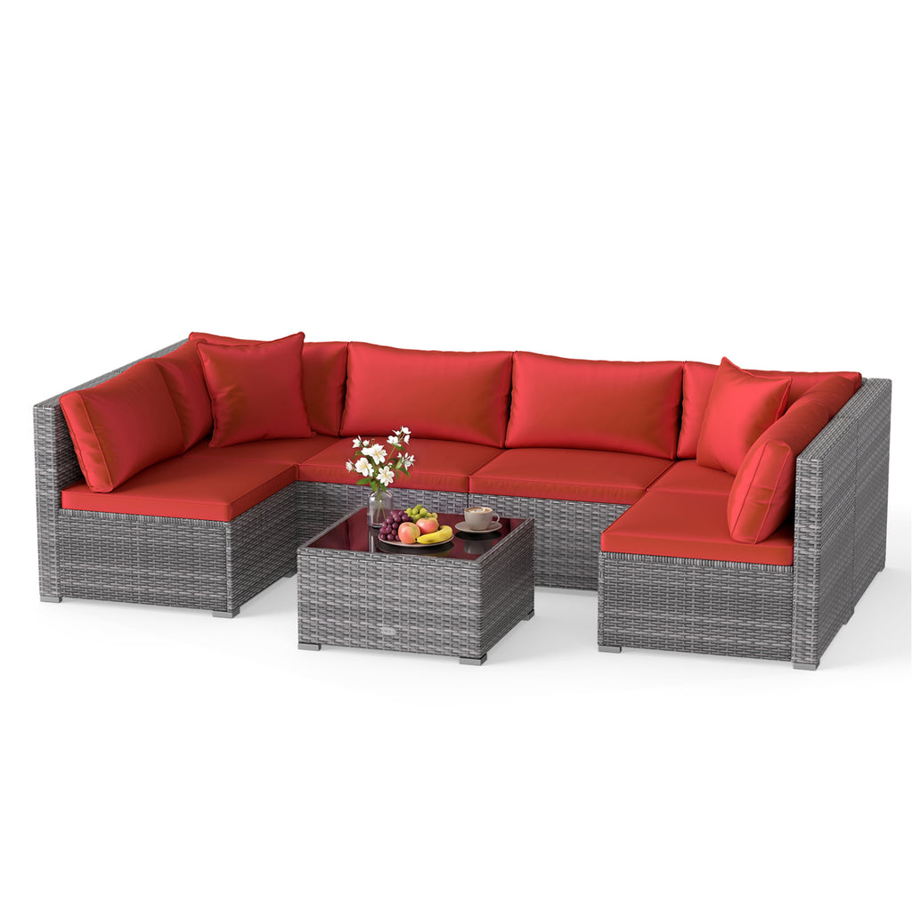 7-Piece PE Rattan Patio Set with Glass Table & Soft Cushions for