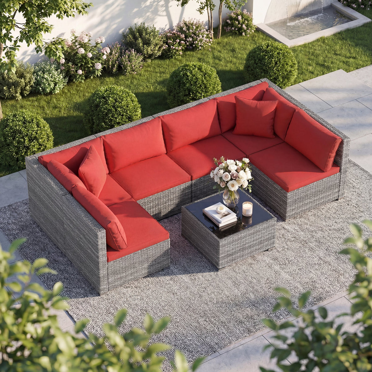 7-Piece PE Rattan Patio Set with Glass Table & Soft Cushions for