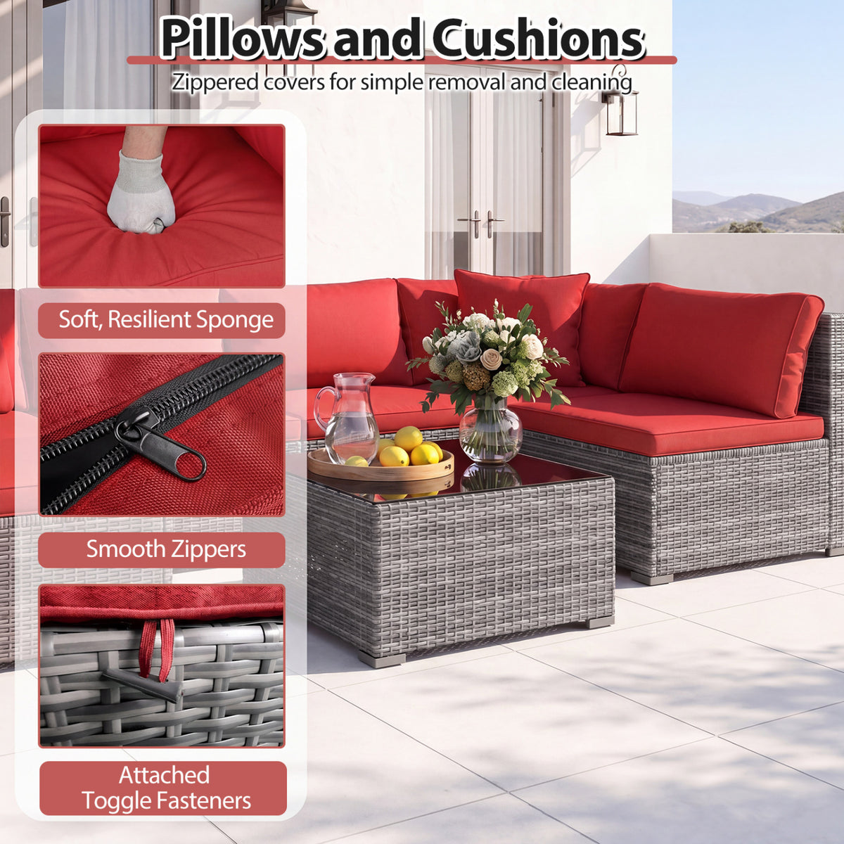 7-Piece PE Rattan Patio Set with Glass Table & Soft Cushions for