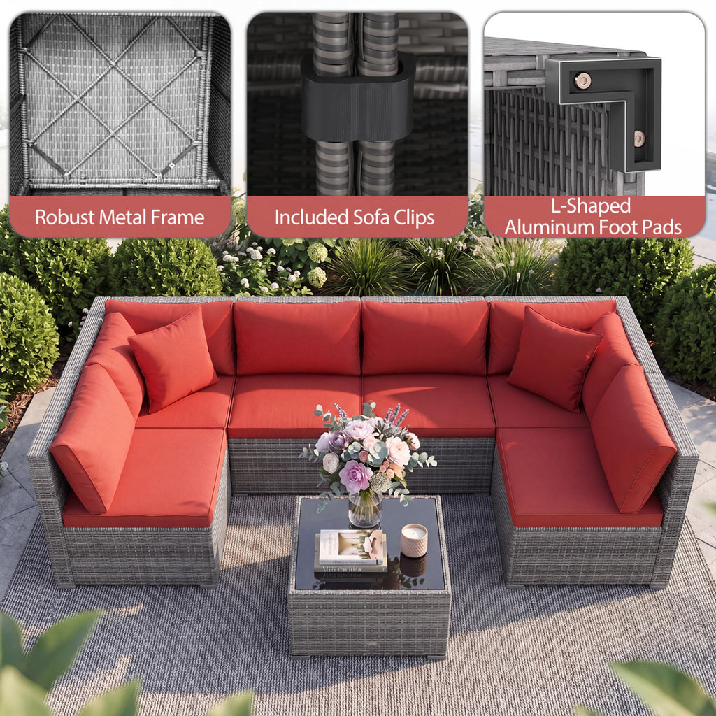 7-Piece PE Rattan Patio Set with Glass Table & Soft Cushions for