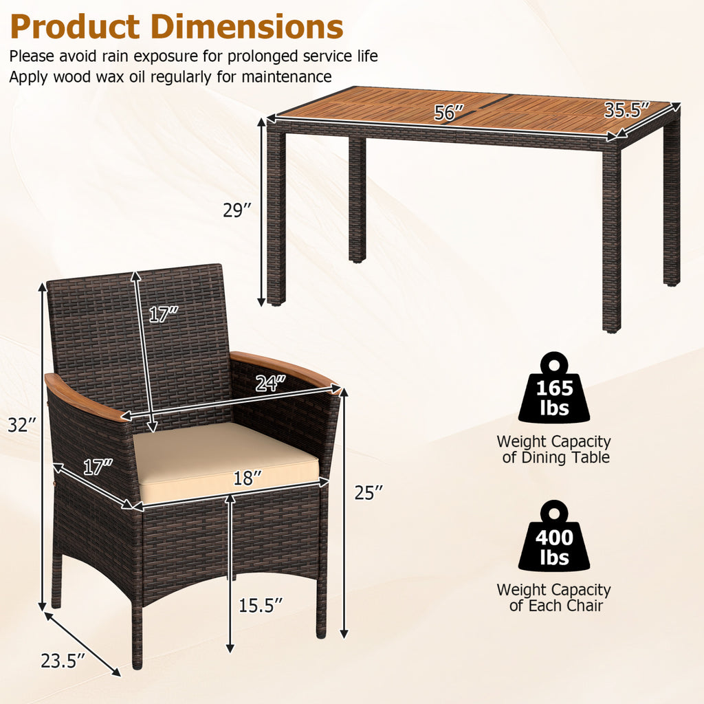 7-Piece Patio Dining Set with Wood Tabletop and Padded Cushion for