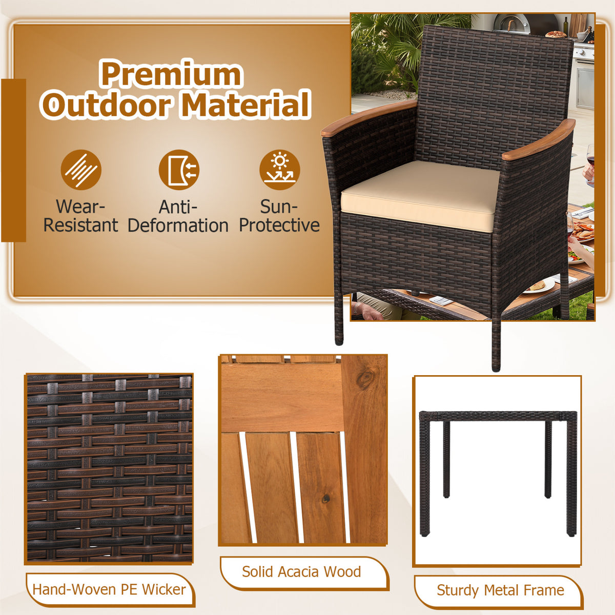 7-Piece Patio Dining Set with Wood Tabletop and Padded Cushion for