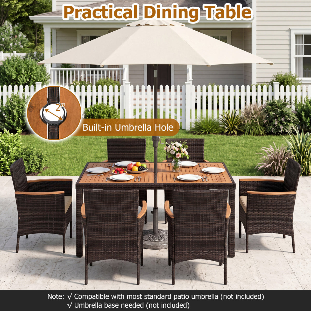 7-Piece Patio Dining Set with Wood Tabletop and Padded Cushion for
