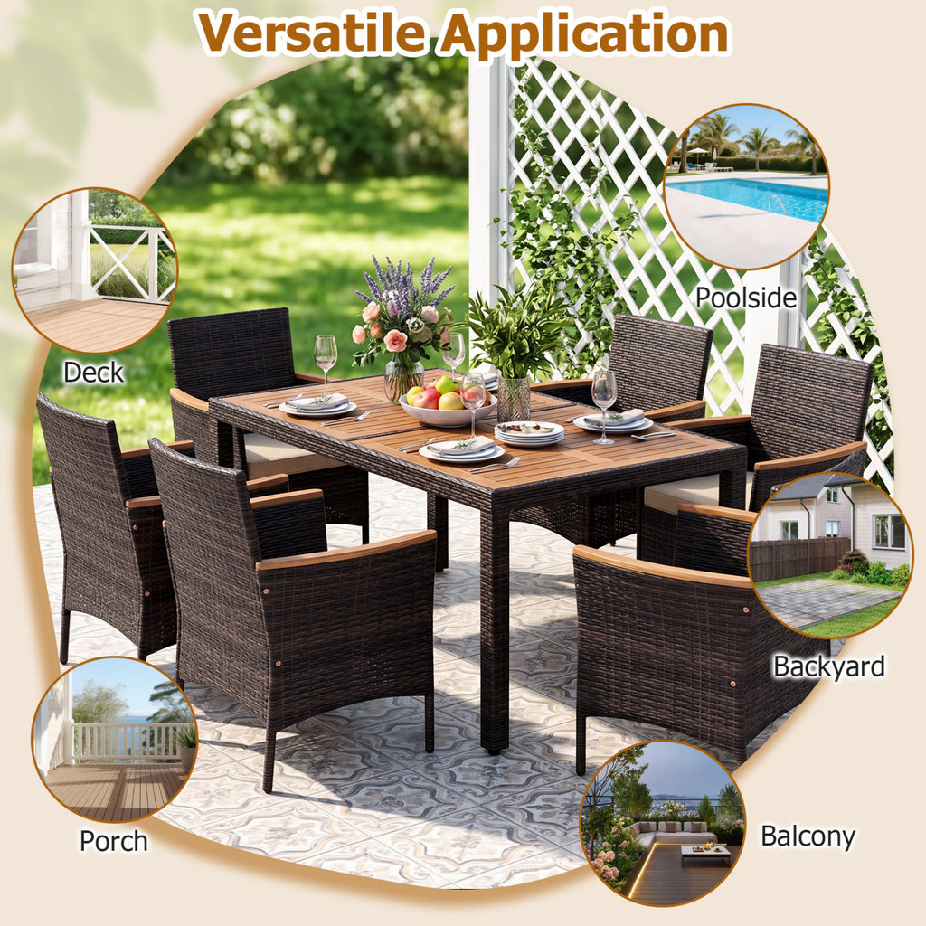 7-Piece Patio Dining Set with Wood Tabletop and Padded Cushion for