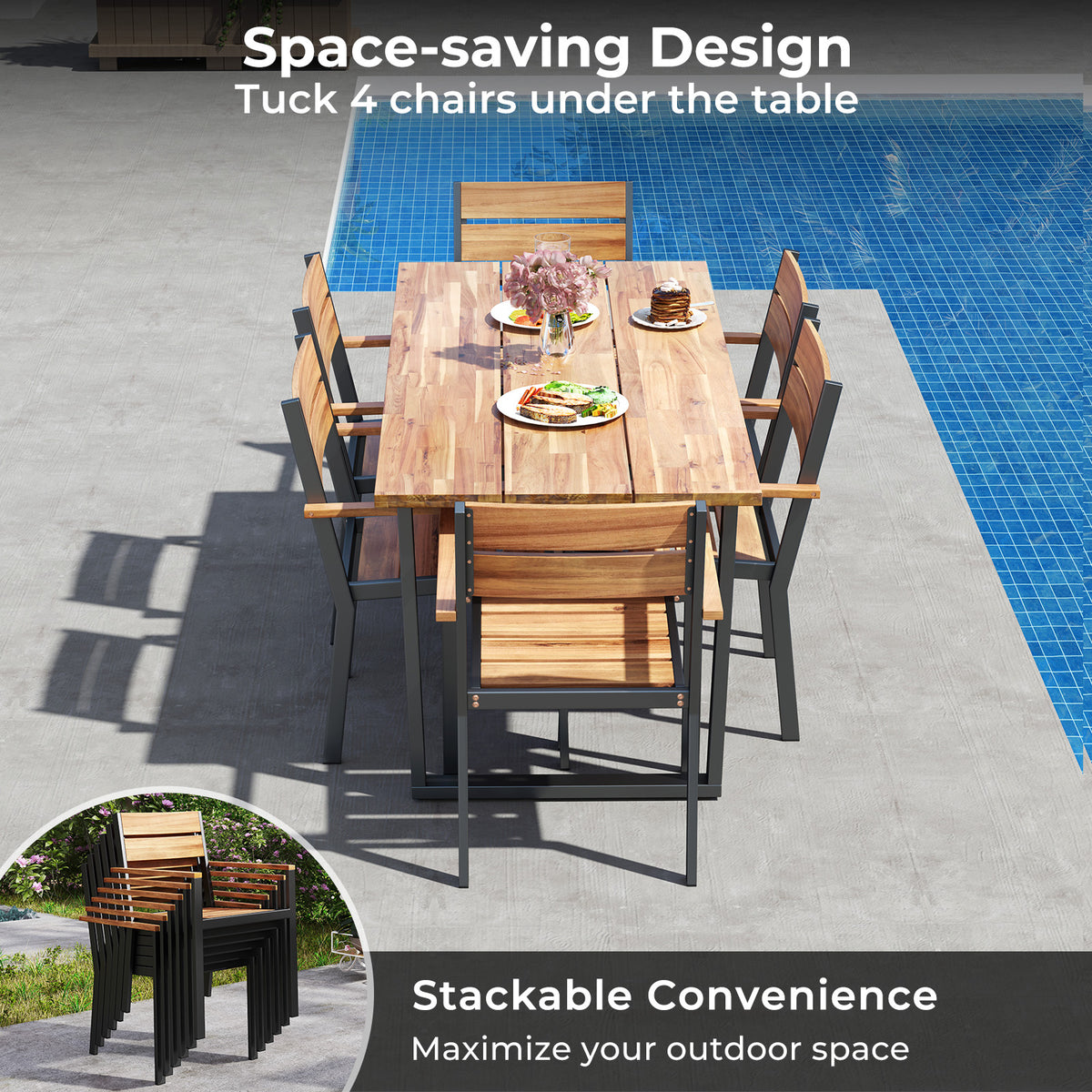7 Pieces Acacia Wood Patio Dining Set with Metal Frame and 2 Inches