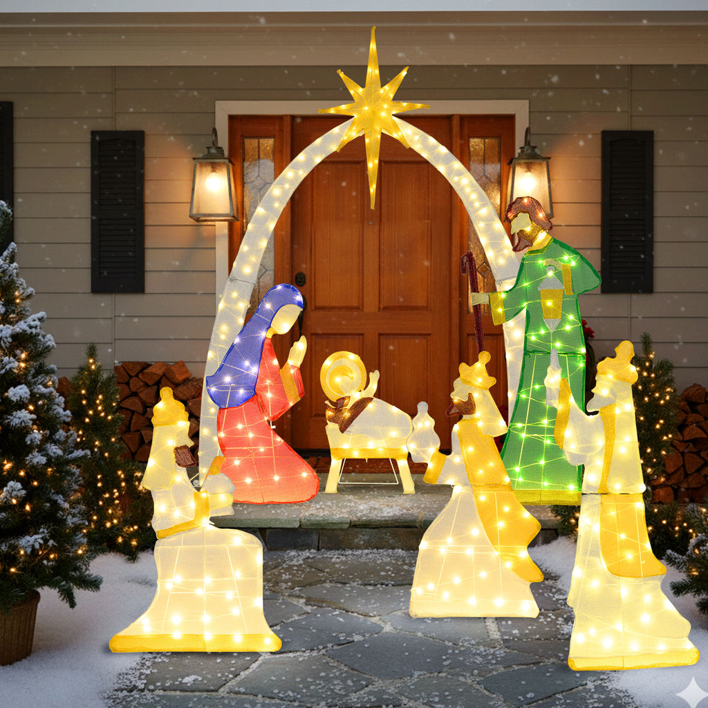 Lighted Nativity Scene with 310 Warm White LED Lights - 7 Pieces Outdoor Decor