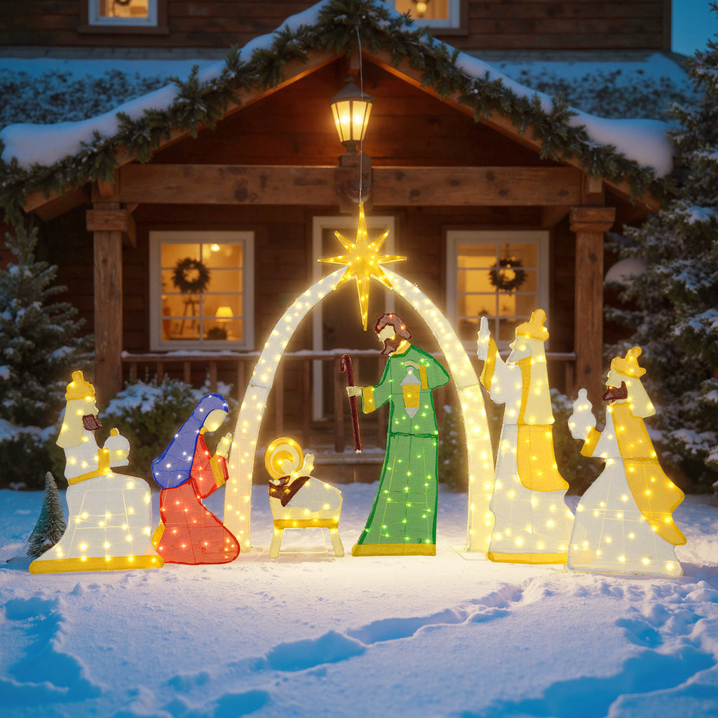 Lighted Nativity Scene with 310 Warm White LED Lights - 7 Pieces Outdoor Decor