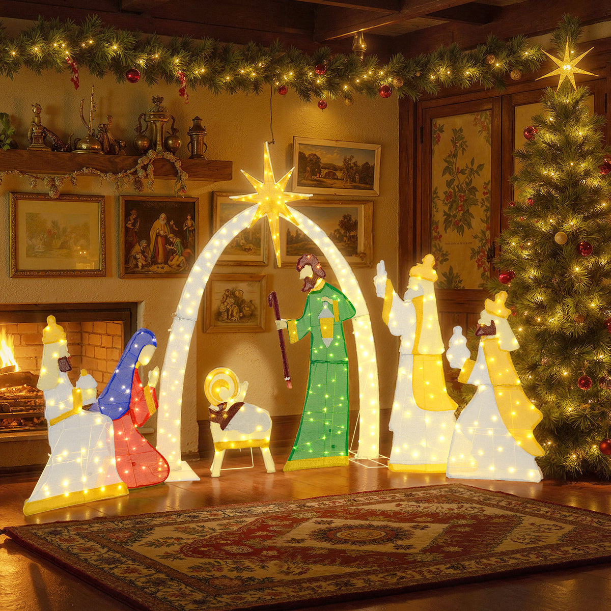 Lighted Nativity Scene with 310 Warm White LED Lights - 7 Pieces Outdoor Decor