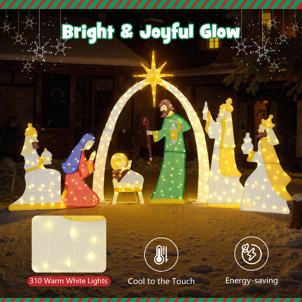Lighted Nativity Scene with 310 Warm White LED Lights - 7 Pieces Outdoor Decor