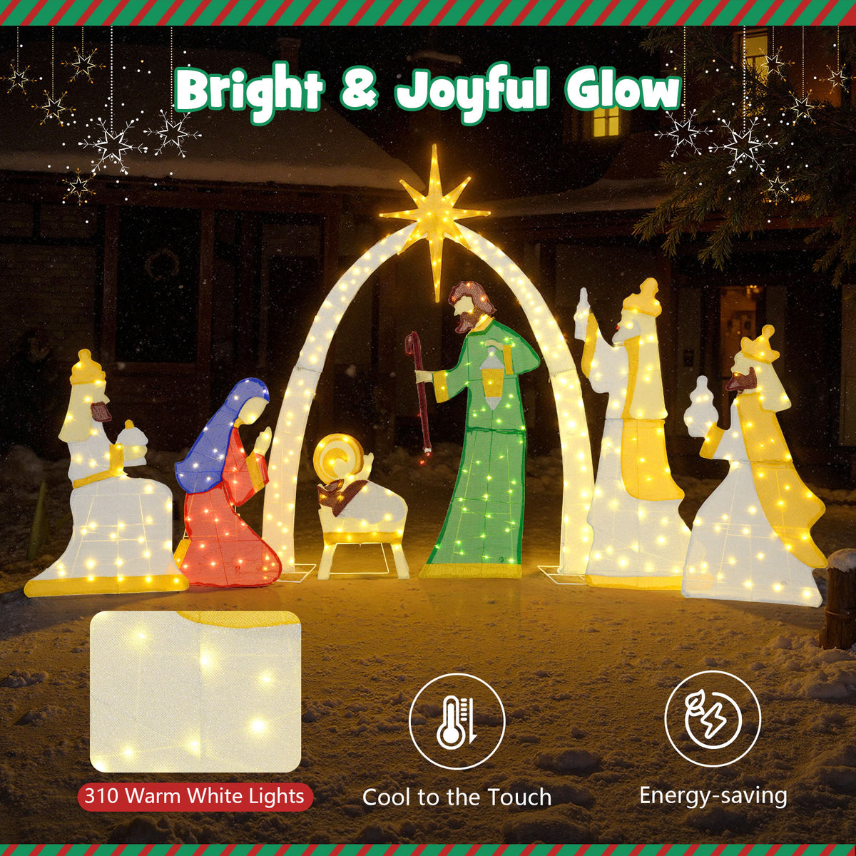 Lighted Nativity Scene with 310 Warm White LED Lights - 7 Pieces Outdoor Decor