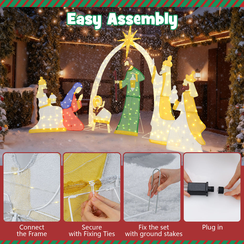 Lighted Nativity Scene with 310 Warm White LED Lights - 7 Pieces Outdoor Decor