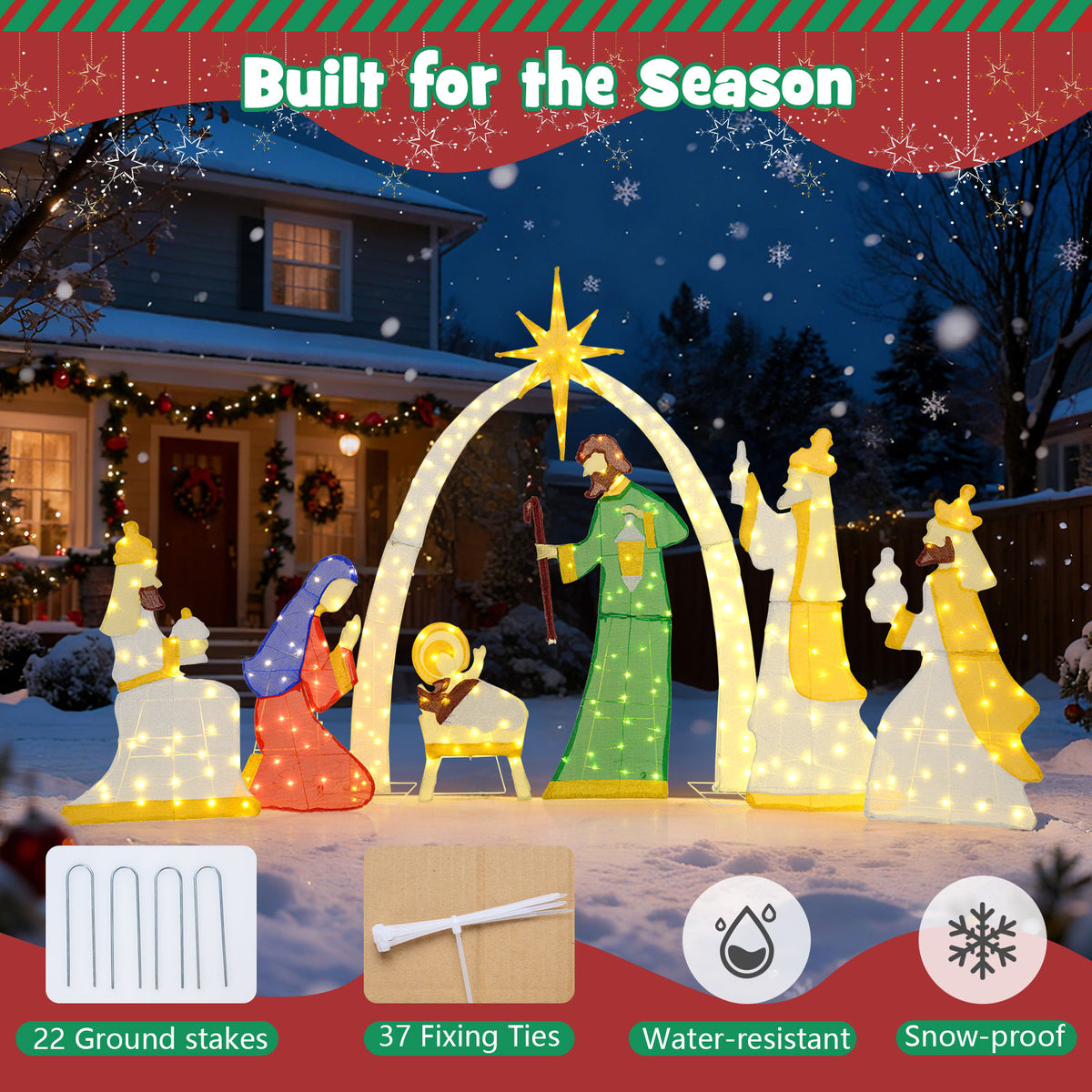 Lighted Nativity Scene with 310 Warm White LED Lights - 7 Pieces Outdoor Decor