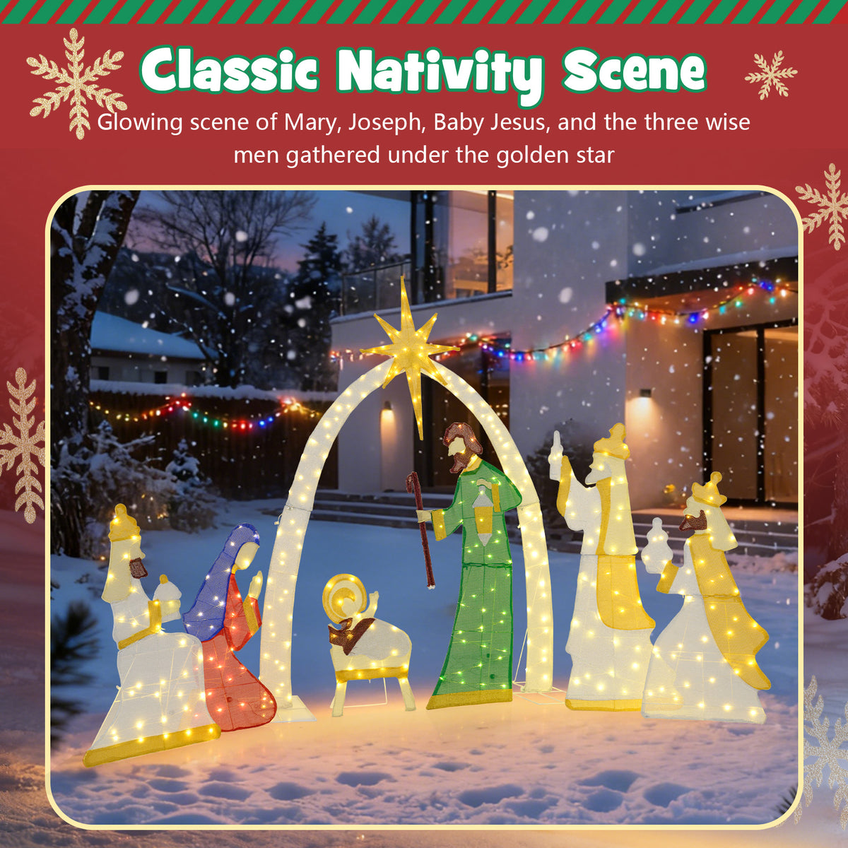 Lighted Nativity Scene with 310 Warm White LED Lights - 7 Pieces Outdoor Decor