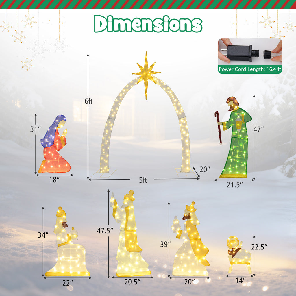 Lighted Nativity Scene with 310 Warm White LED Lights - 7 Pieces Outdoor Decor