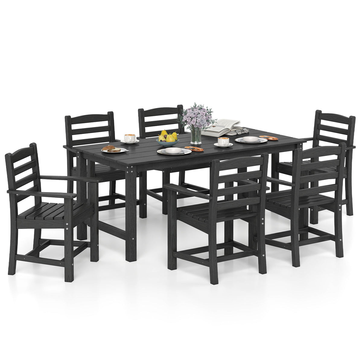 67-Inch Outdoor Dining Table Set for 6 - Black Slatted Chairs