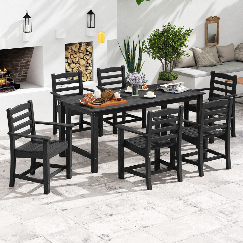 67-Inch Outdoor Dining Table Set for 6 - Black Slatted Chairs