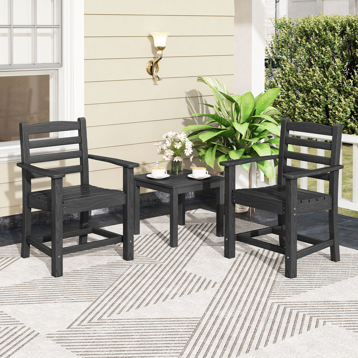67-Inch Outdoor Dining Table Set for 6 - Black Slatted Chairs