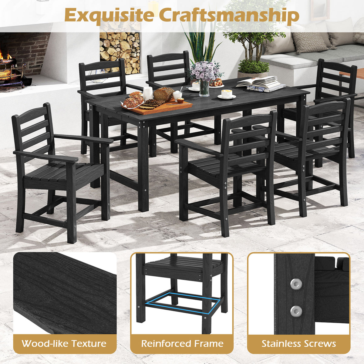 67-Inch Outdoor Dining Table Set for 6 - Black Slatted Chairs