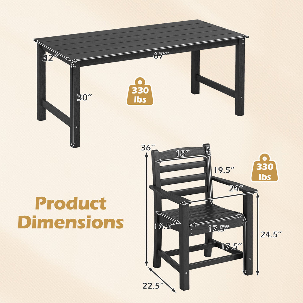 67-Inch Outdoor Dining Table Set for 6 - Black Slatted Chairs