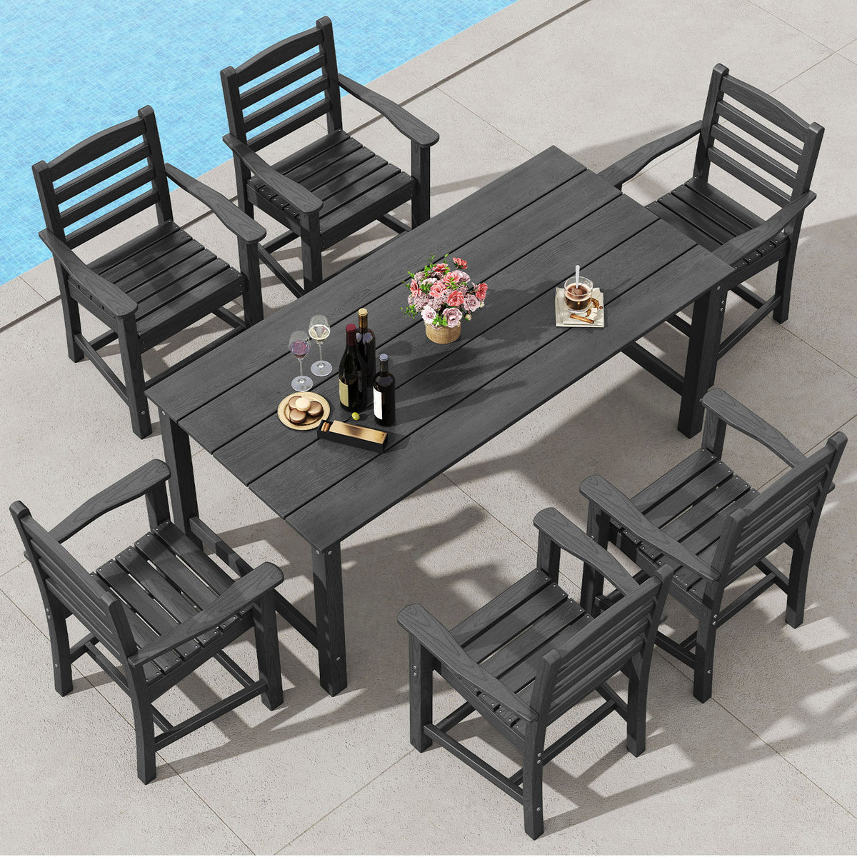 67-Inch Outdoor Dining Table Set for 6 - Black Slatted Chairs