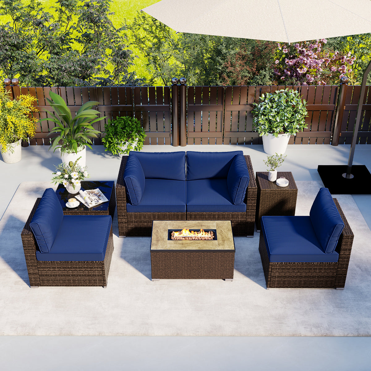 7-Piece Outdoor Sectional Set with 32" Fire Pit Table - Navy