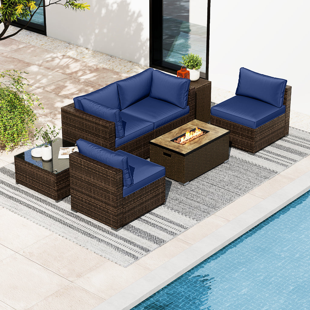 7-Piece Outdoor Sectional Set with 32" Fire Pit Table - Navy