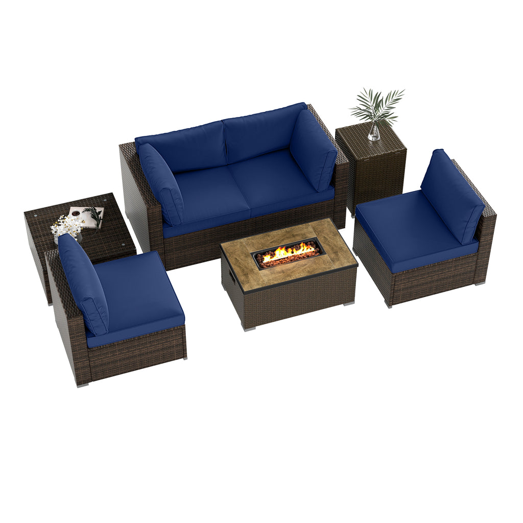 7-Piece Outdoor Sectional Set with 32" Fire Pit Table - Navy