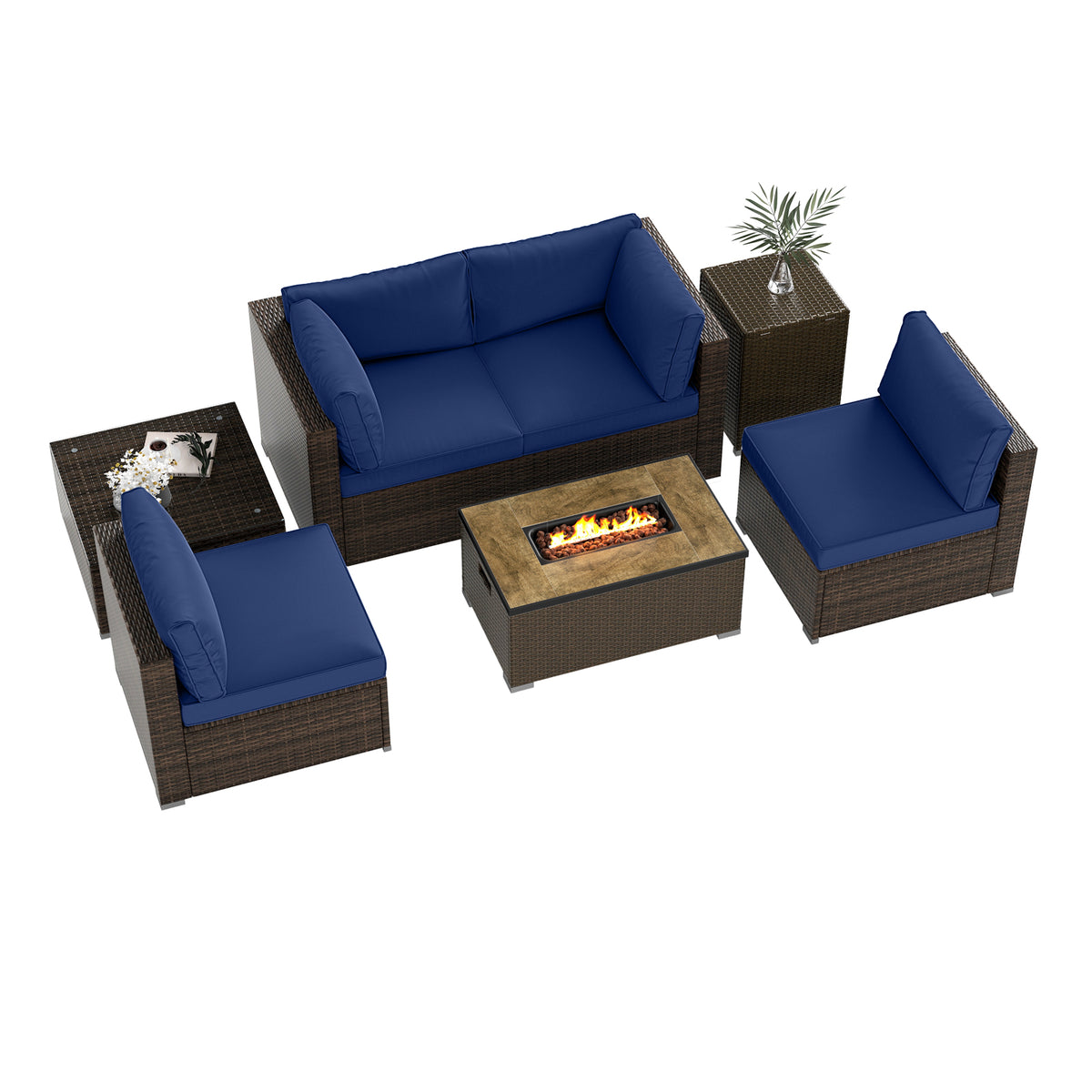 7-Piece Outdoor Sectional Set with 32" Fire Pit Table - Navy