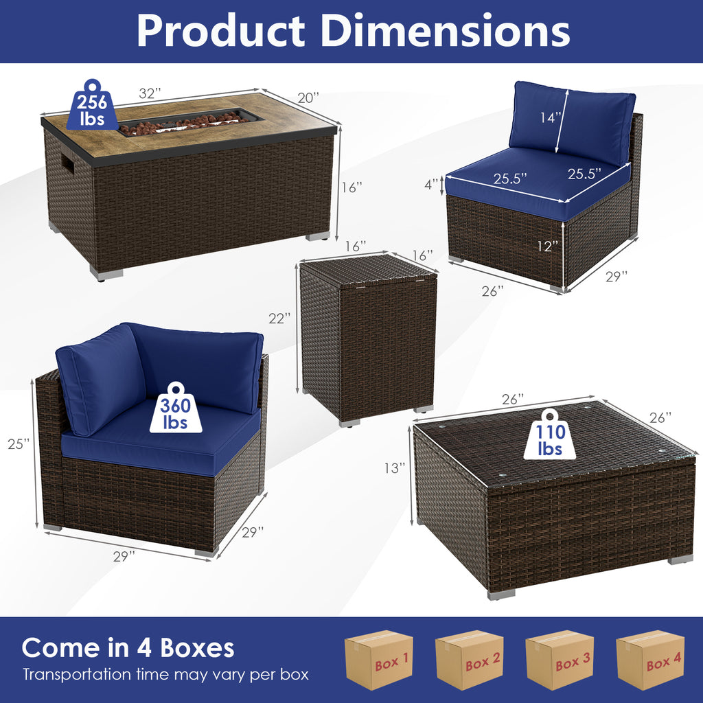 7-Piece Outdoor Sectional Set with 32" Fire Pit Table - Navy