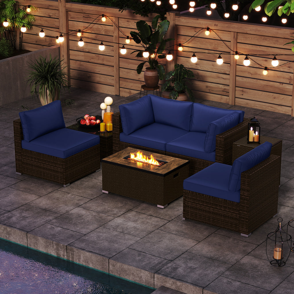 7-Piece Outdoor Sectional Set with 32" Fire Pit Table - Navy