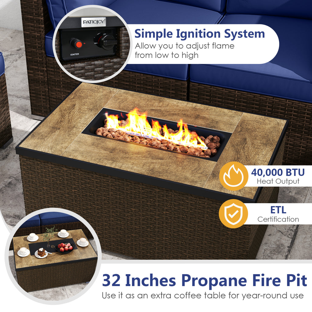 7-Piece Outdoor Sectional Set with 32" Fire Pit Table - Navy