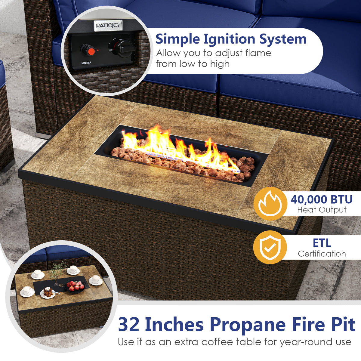 7-Piece Outdoor Sectional Set with 32" Fire Pit Table - Navy