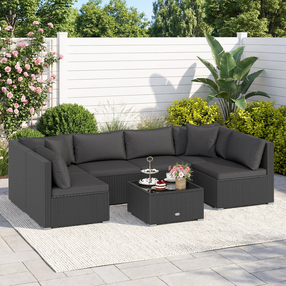 7-Piece Sectional Wicker Sofa Set with Coffee Table - Black Rattan