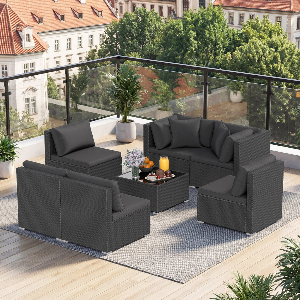 7-Piece Sectional Wicker Sofa Set with Coffee Table - Black Rattan