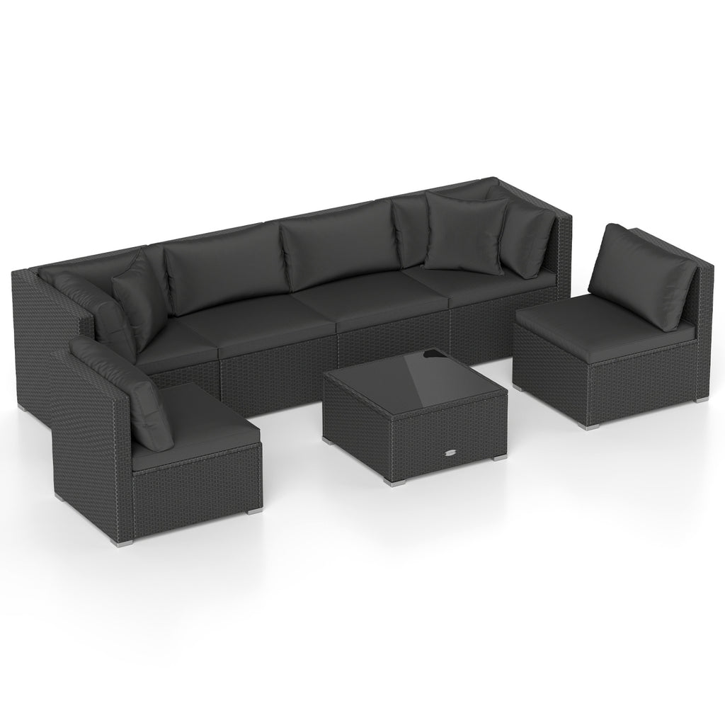7-Piece Sectional Wicker Sofa Set with Coffee Table - Black Rattan