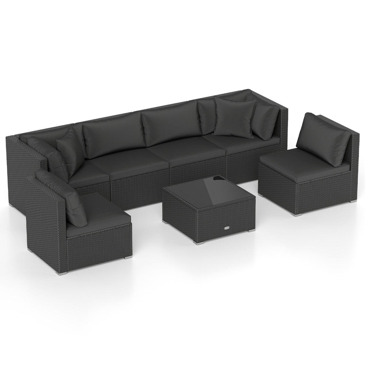 7-Piece Sectional Wicker Sofa Set with Coffee Table - Black Rattan