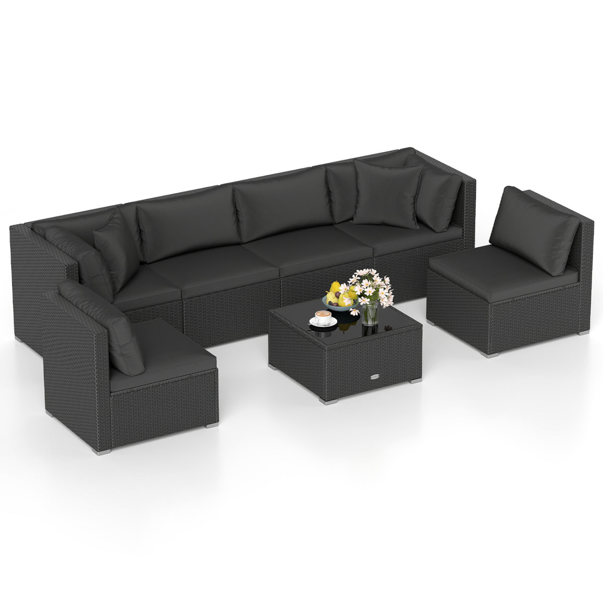 7-Piece Sectional Wicker Sofa Set with Coffee Table - Black Rattan