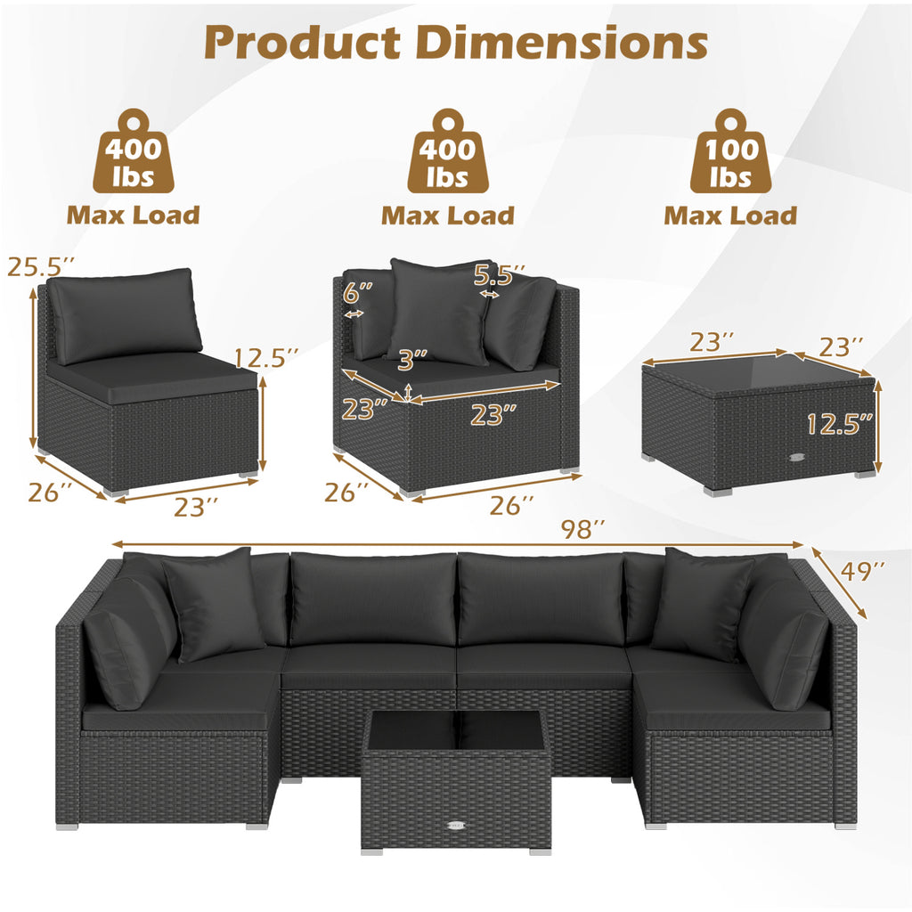 7-Piece Sectional Wicker Sofa Set with Coffee Table - Black Rattan