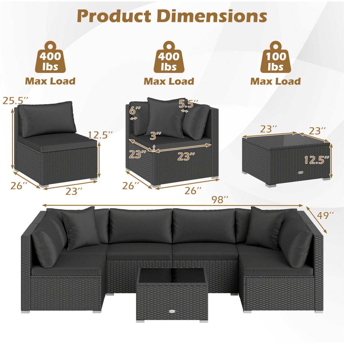 7-Piece Sectional Wicker Sofa Set with Coffee Table - Black Rattan