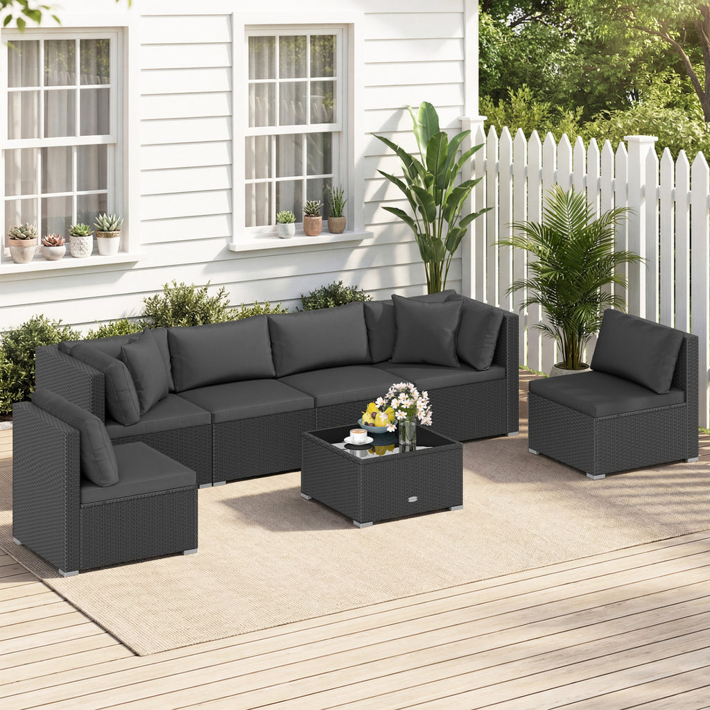 7-Piece Sectional Wicker Sofa Set with Coffee Table - Black Rattan