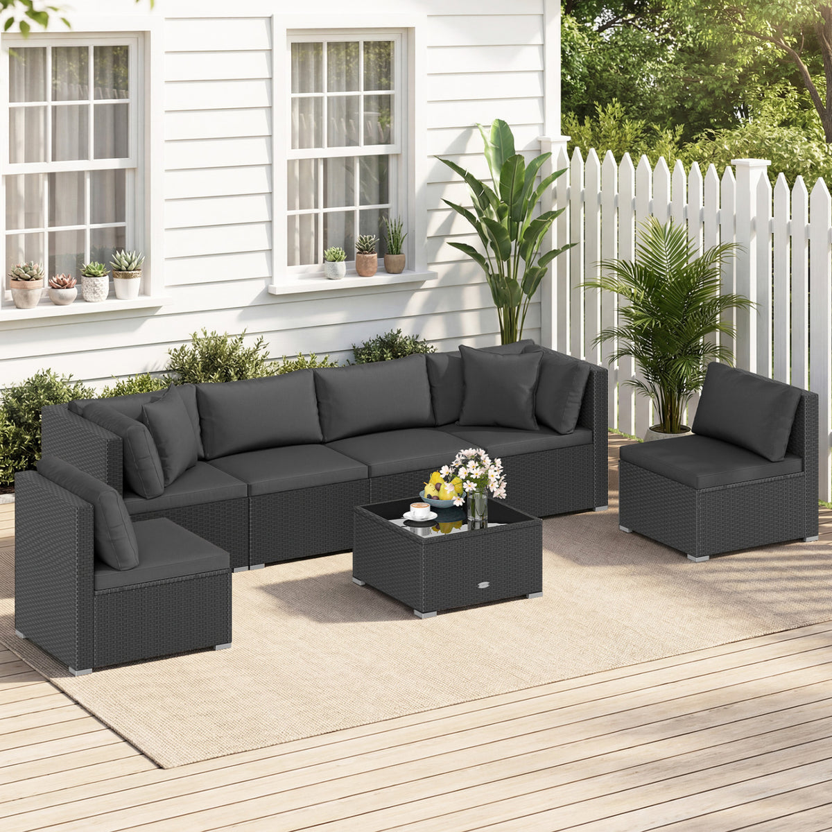 7-Piece Sectional Wicker Sofa Set with Coffee Table - Black Rattan