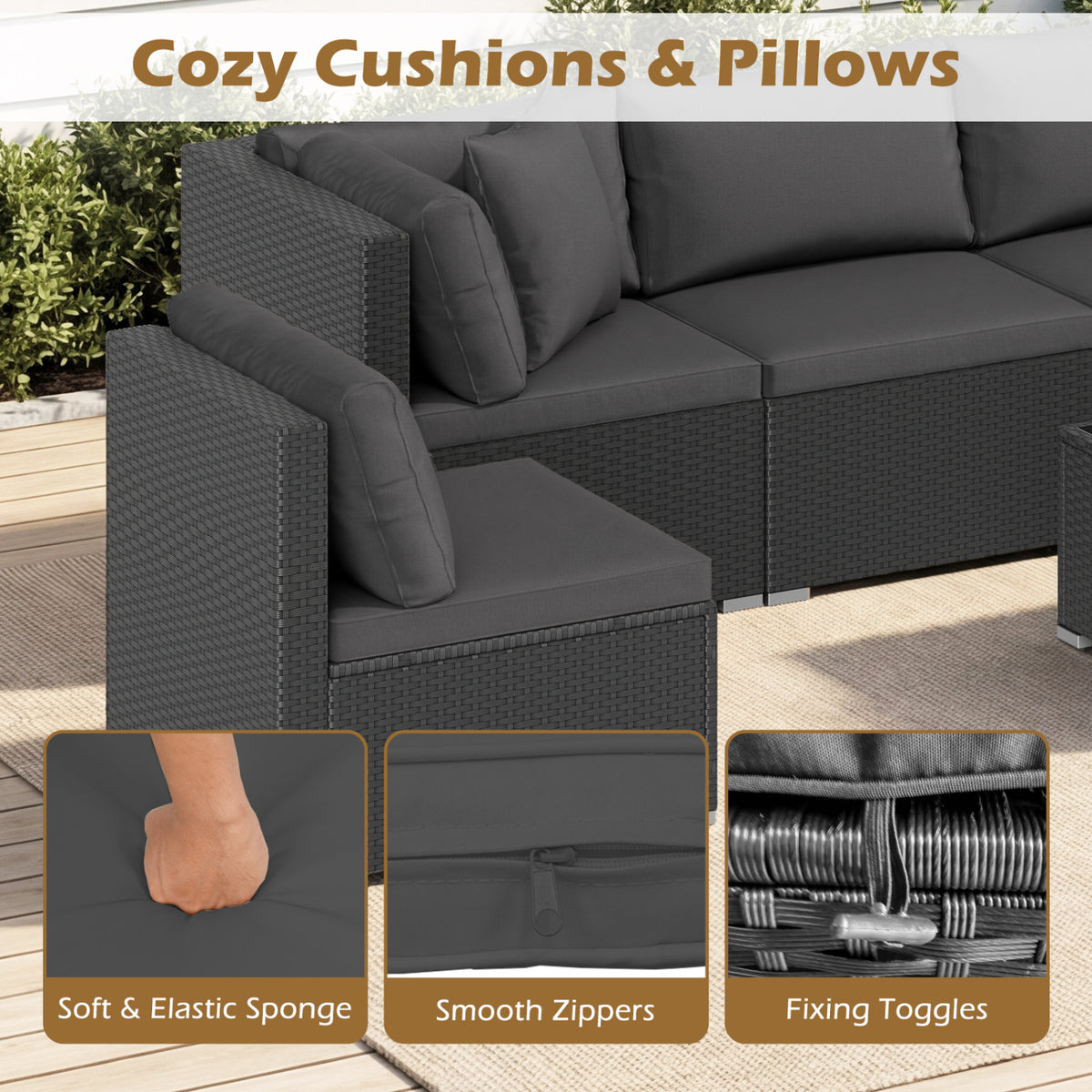 7-Piece Sectional Wicker Sofa Set with Coffee Table - Black Rattan