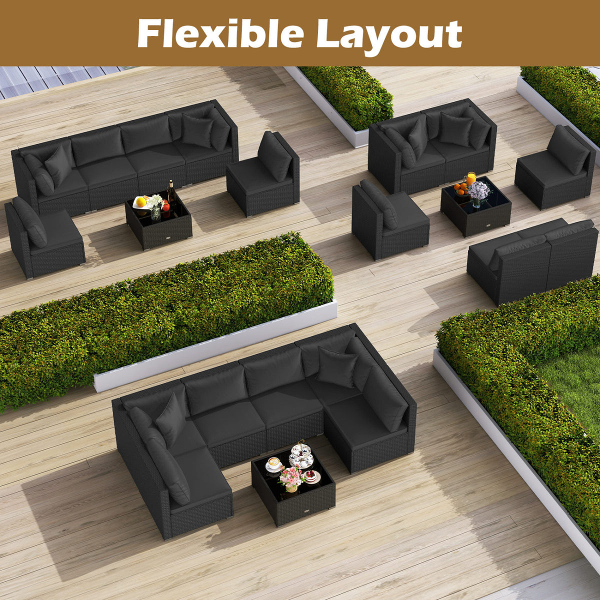 7-Piece Sectional Wicker Sofa Set with Coffee Table - Black Rattan
