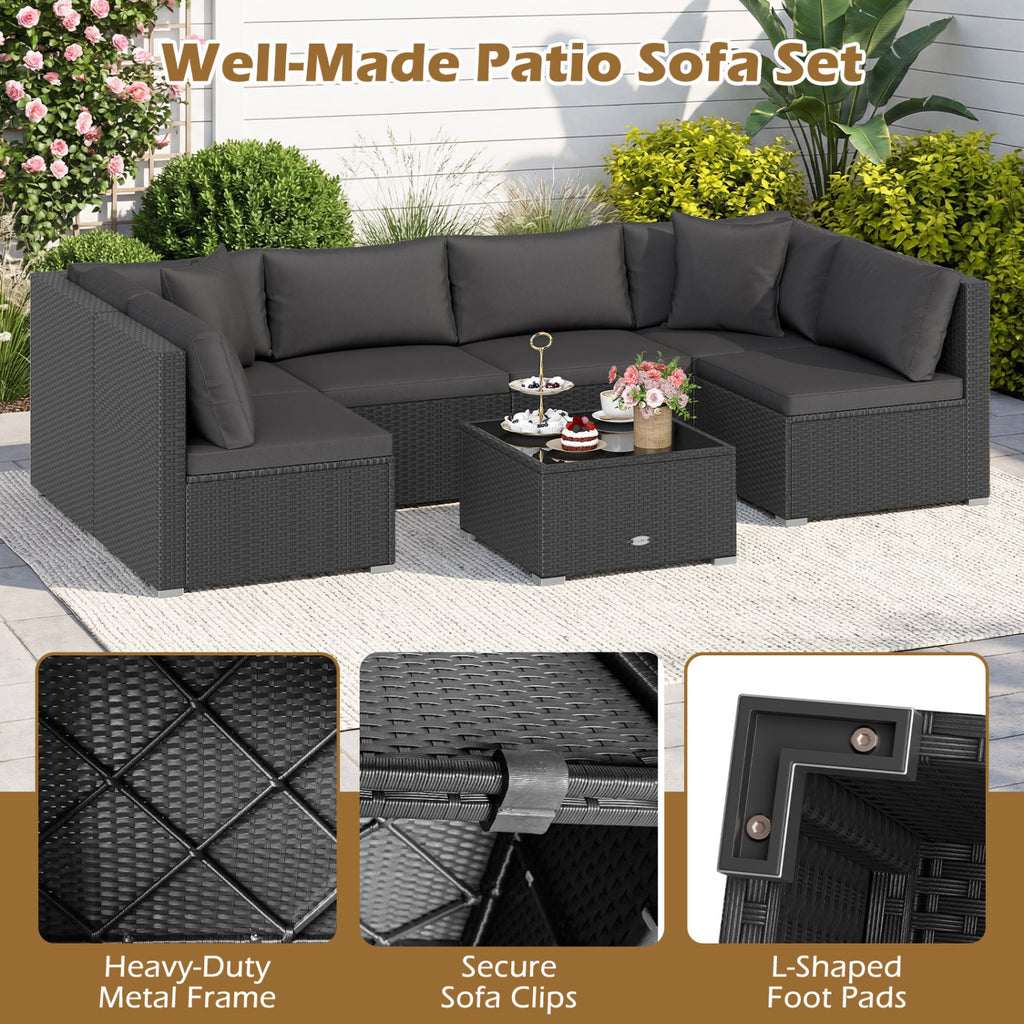 7-Piece Sectional Wicker Sofa Set with Coffee Table - Black Rattan