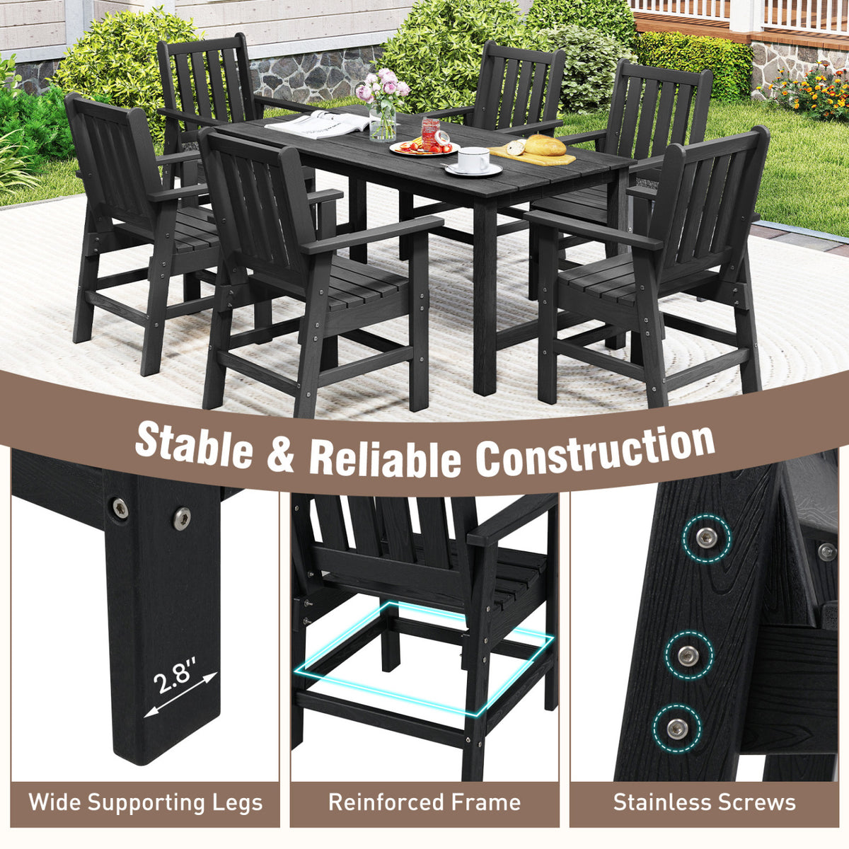 7 Pieces Patio Dining Set Outdoor HDPE Weather Resistant Table and