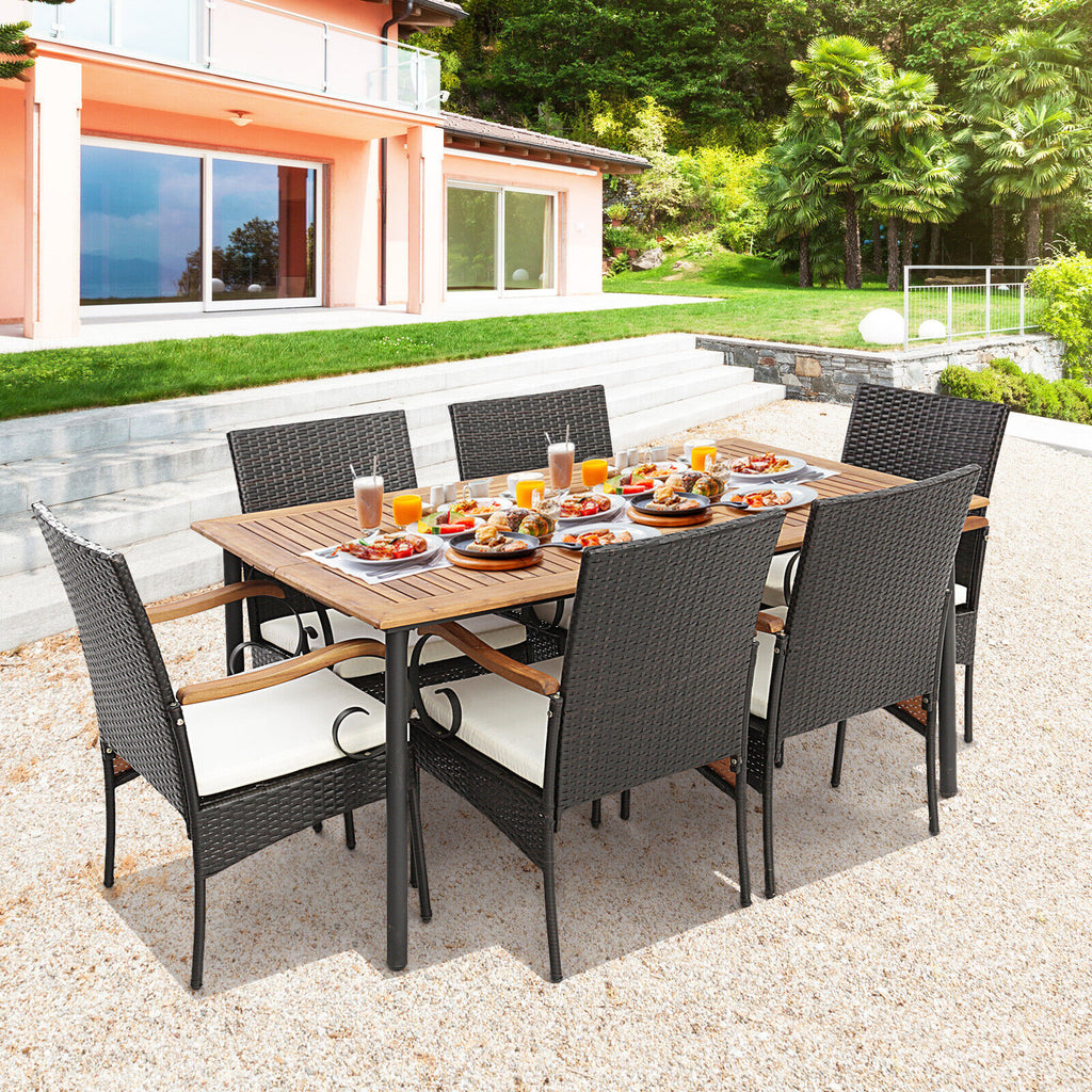 7 Pieces Patio Wicker Dining Set with Detachable Cushion and Umbrella